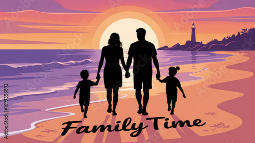 Family beach vacation silhouette at sunset with kids and parents enjoying summer holiday time together