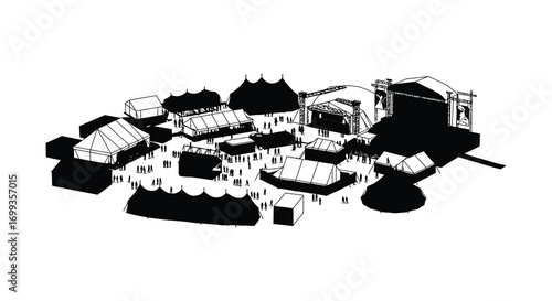 a detailed black white illustration of buildings and structures