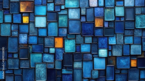 Abstract blue mosaic of various sized squares.