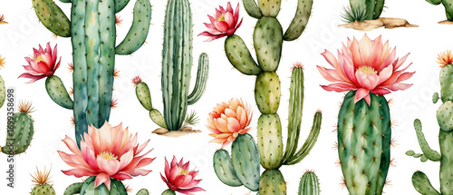 seamless pattern of cactus with flower