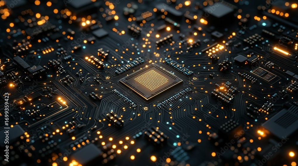 Obraz premium Close - up of a High - tech Circuit Board with Illuminated Components and Central Chip