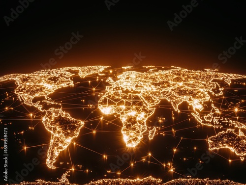 Illuminated World Map with Digital Connections and Bright Lights