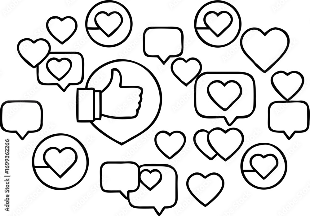 Vector illustration featuring like button and hearts in speech bubbles and circles, all in a line art style