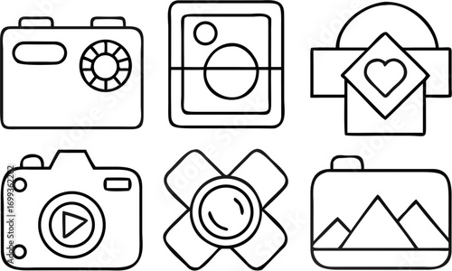 Vector collection of six camera icons in outline style, featuring different designs and lens configurations shown here
