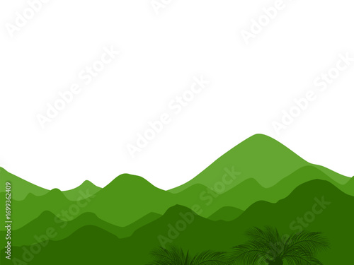 green mountain range with coconut trees