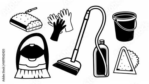 Illustration of cleaning supplies including a mop bucket gloves and cleaning solutions shown in black and white