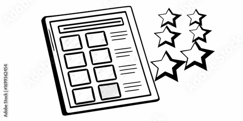 Illustration of a tablet device with a grid of squares and a cluster of outlined star shapes near it