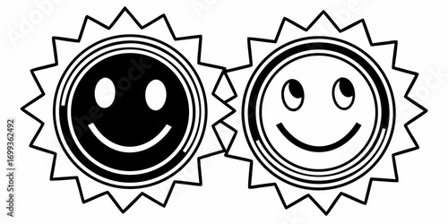 Two sun shaped smiley faces with different expressions and filled in and outline styles side by side