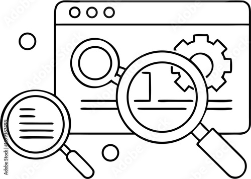 Vector line art of a browser window with a gear and magnifying glasses for search engine optimization seo