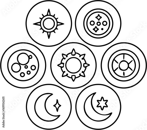 Vector seven circular icons depicting celestial bodies including suns moons and planets in a floral arrangement