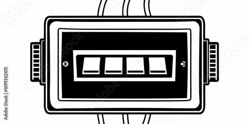 A black and white illustration of a four gang switch box with wires coming from the top and bottom