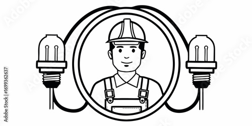 Illustration of an electrician with a hard hat and two light bulbs connected by a cable loop