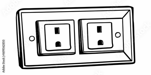 A close up drawing of a duplex electrical outlet with a rectangular cover plate and screw holes