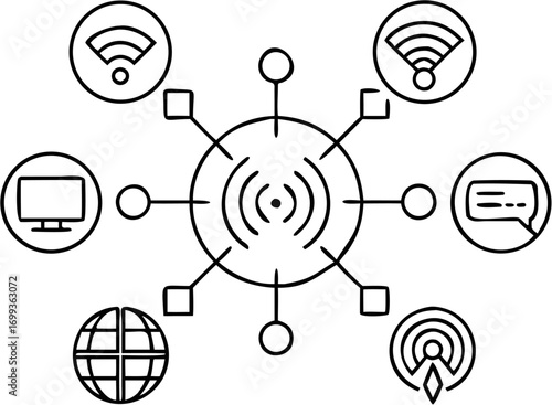 Vector network connectivity diagram showing wifi signals, tv, globe, chat and broadcast icons connected to hub