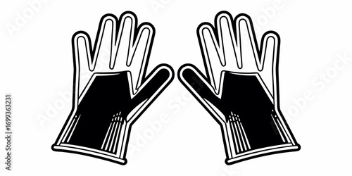 Two black and white illustrated gloves with thick outlines pointing upwards in a symmetrical design