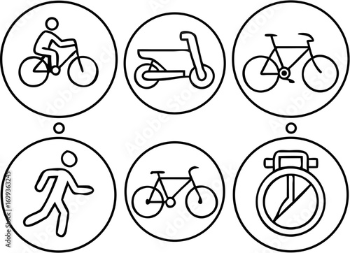 Vector illustration of various transportation and activity icons including bicycle scooter running and a stop sign symbol
