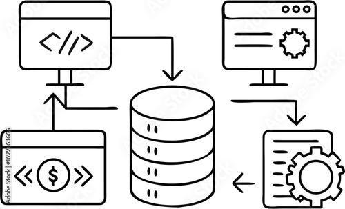 Vector diagram of database interaction with code block, website, document and money flow in black outline