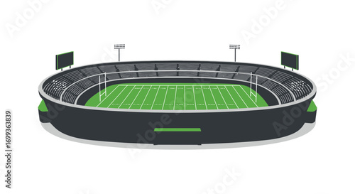 a large stadium with green field and empty seats