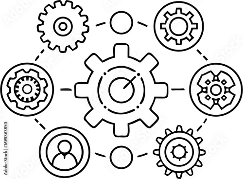 Vector outline illustration showing a central gear connected to other gears and a person icon in a circle