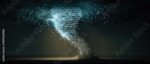 Digital data tornado swirling above dark landscape
