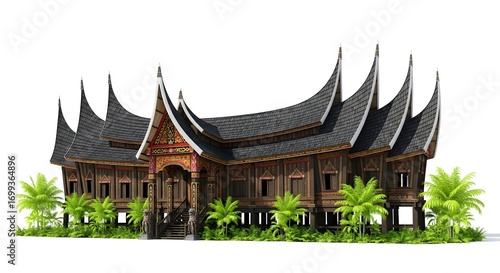 Detailed digital rendering of a traditional Minangkabau Rumah Gadang, an iconic wooden longhouse showcasing unique Sumatran architecture from Indonesia