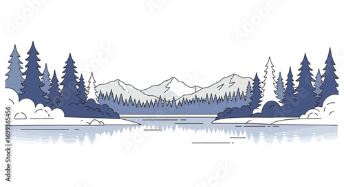 a serene winter landscape with snow covered trees and mountains