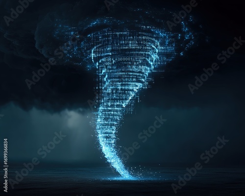Digital data tornado spiraling in dark stormy sky