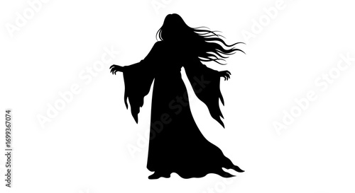 Silhouette of a spooky witch with flowing hair and tattered robes