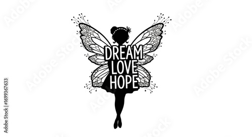 Silhouette of a fairy with wings and inspirational words