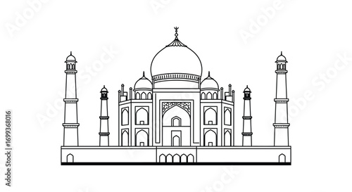 an intricate line drawing of taj mahal with detailed domes and minarets