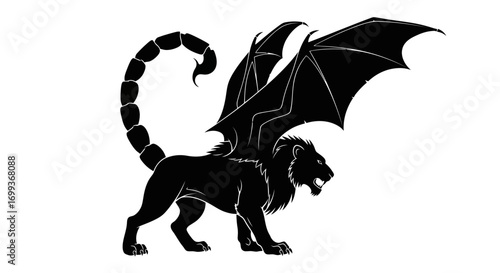 Mythical black lion creature with scorpion tail and bat wings