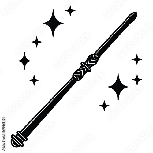 A silhouette of a magic wand with stars on a white background