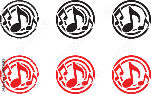 music, note, symbol, sound, melody, song, rhythm, audio, graphic, design, illustration, black, red, circle, outline, filled, vintage, retro, grunge, clean, simple, isolated, white background, concert,