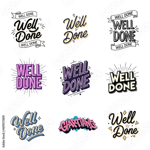 Celebrate achievements with vibrant 'Well Done' typography, perfect for awards, recognition, and motivational graphics.