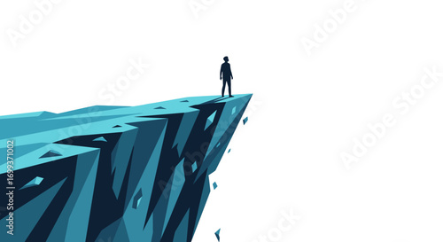 Lone silhouette stands on a sharp cliff edge, contemplating the vast unknown future ahead