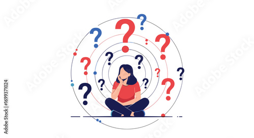 Woman contemplating complex questions surrounded by floating question marks symbolizing confusion and uncertainty