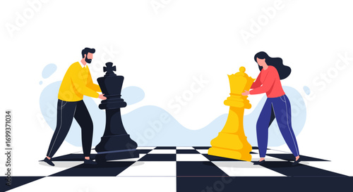 Strategic business partners plan moves on chessboard with giant chess pieces, symbolizing competition