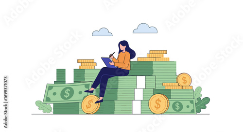 Woman meticulously managing vast wealth, planning financial future amidst stacks of cash and coins.