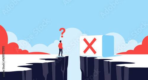 Person questioning path across chasm with large 'X' barrier representing failure or wrong choice