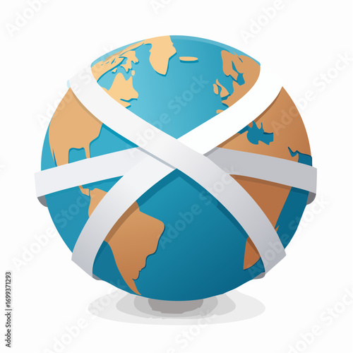 Injured planet earth wrapped in white bandages for healing.