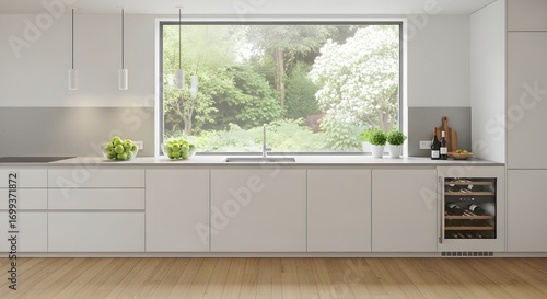 Contemporary kitchen design featuring sleek white cabinetry, a large window showcasing a verdant garden view, and built in beverage cooler. Natural light illuminates the