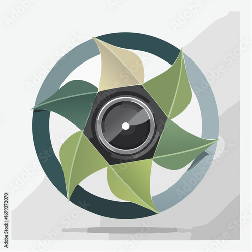 Nature Photography Logo Design with Camera Lens and Leaves.