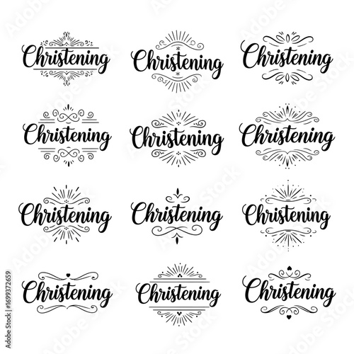 Elegant Christening decorative emblems and titles perfect for invitations, cards, and celebration designs