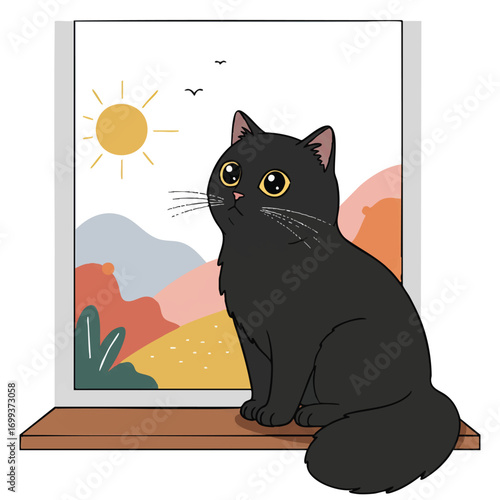 A cute black cat sits calmly on a windowsill, thoughtfully gazing out at a vibrant, simplified abstract landscape in this clean 2D flat vector illustration.