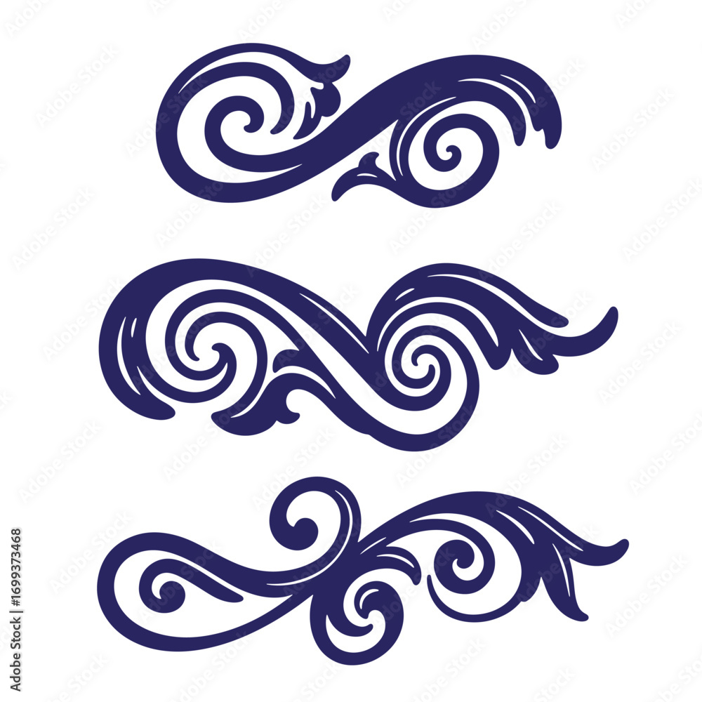 Fototapeta premium Elegant decorative swirls flourishes vector set in dark blue color on white background