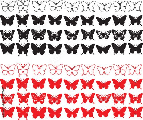 variations, vector, nature, butterfly, element, pattern, black, drawing, silhouettes, silhouette, multiple, illustration, icon, red, flying, design, collection, background, wildlife, lepidoptera, set,
