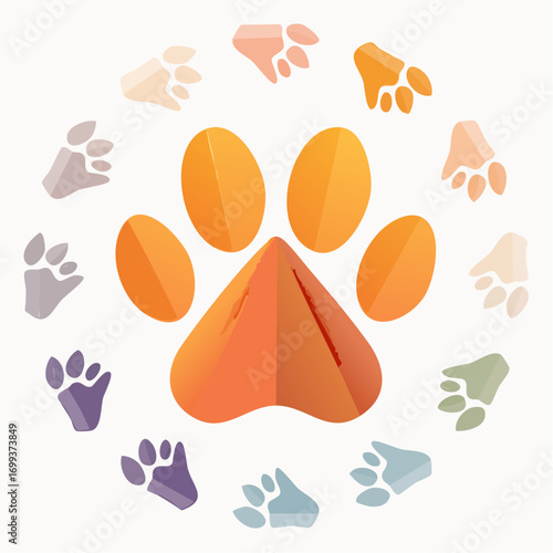 A large orange papercraft paw print surrounded by a circle of colorful animal tracks.