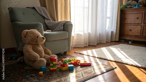Cozy playroom with teddy bear and colorful toys, perfect for children's lifestyle content