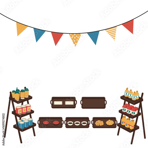Colorful food display with tiered shelving and festive banners.