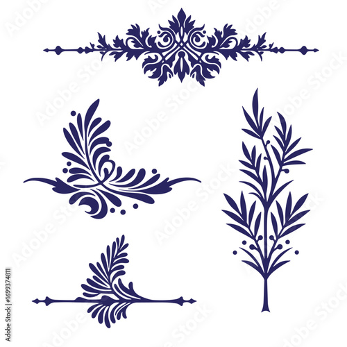 Elegant decorative vector set of floral design elements in deep blue color